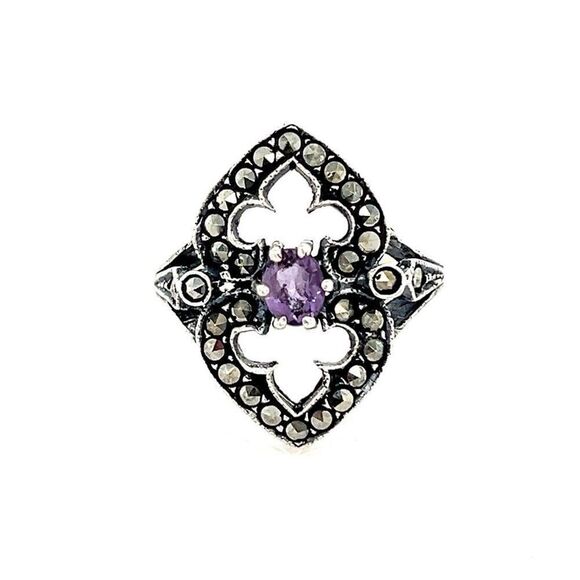 Ladies Sterling Silver Amethyst & Marcasite Ring - Picture 1 of 10